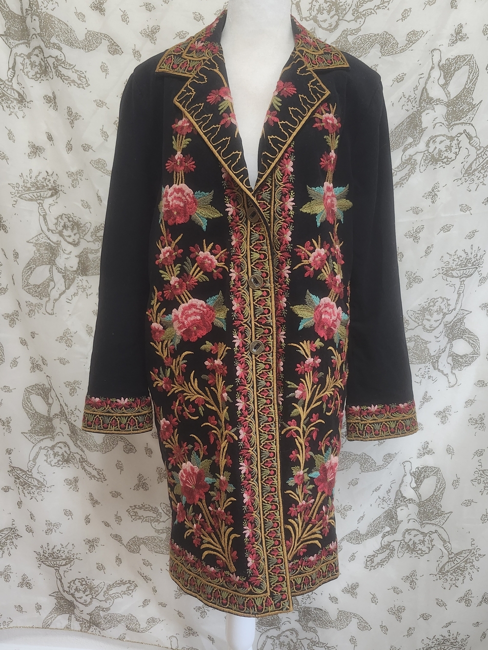 paparazzi Black Trench Coat with Pink & Gold Floral Embroidery
